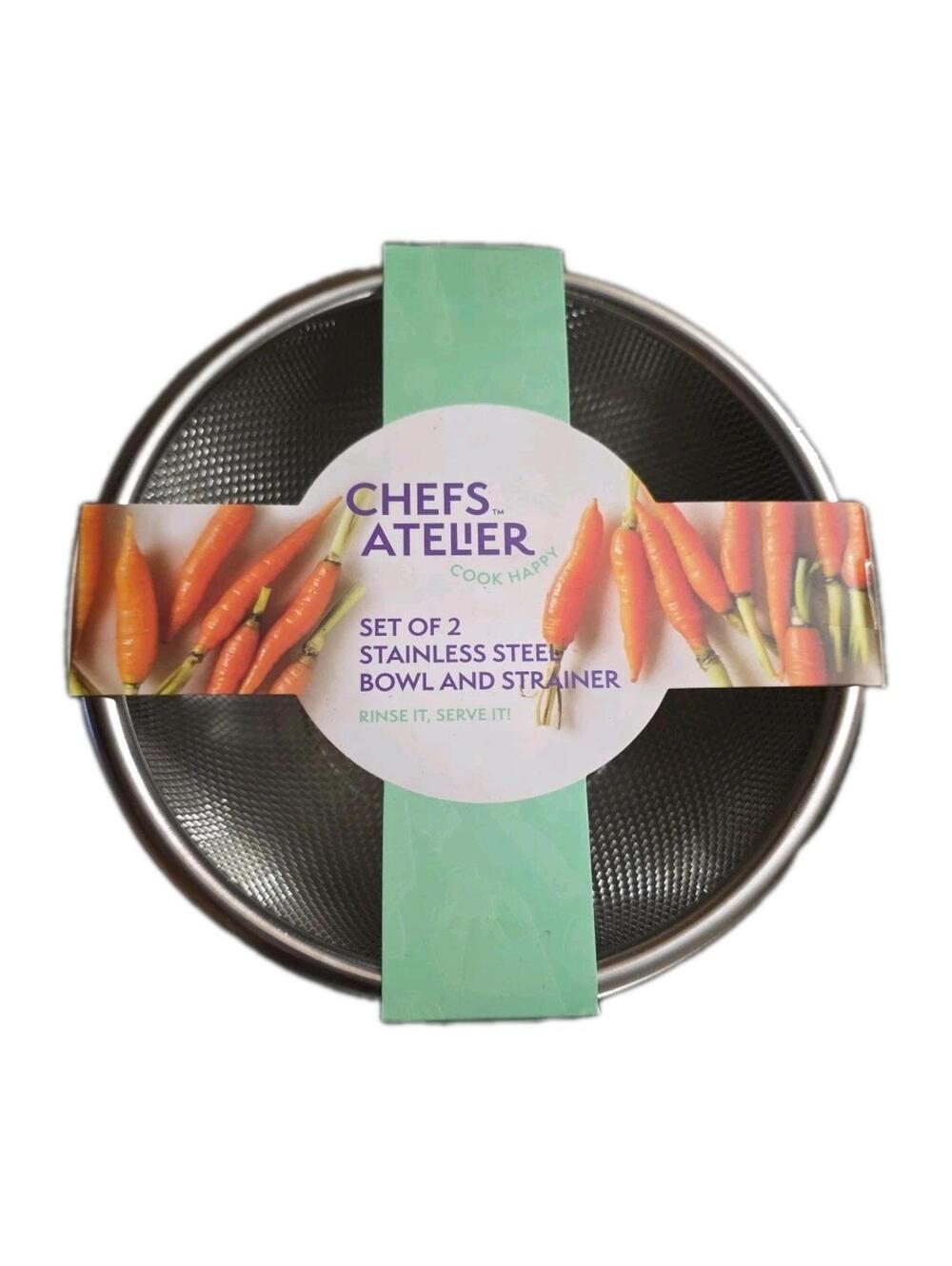 Chefs Atlier Cook Happy Stainless Steel Set Of 2 Bowl & Strainer Rinse Serve NEW